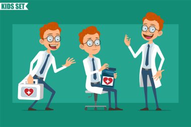 Çizgi film düz kızıl saçlı küçük doktor ya da üniformalı bilim adamı. Animasyon için hazır. Çocuk ilk yardım çantası taşıyor ve elinde uyuşturucu dolu bir kavanoz tutuyor. Yeşil arka planda izole edilmiş. Vektör seti.