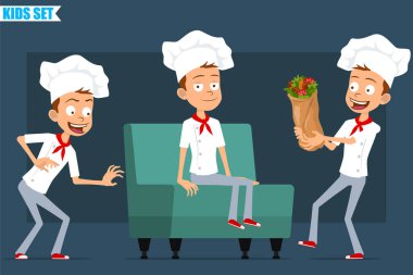 Çizgi film düz komik aşçı çocuk karakteri beyaz üniformalı ve fırıncı şapkalı. Çocuk kanepede dinleniyor ve lezzetli bir shawarma taşıyor. Animasyon için hazır. Mavi arka planda izole edilmiş. Vektör seti.