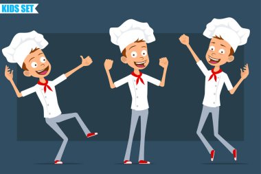 Çizgi film düz komik aşçı çocuk karakteri beyaz üniformalı ve fırıncı şapkalı. Güçlü kasları olan, zıplayan ve dans eden bir çocuk. Animasyon için hazır. Mavi arka planda izole edilmiş. Vektör seti.