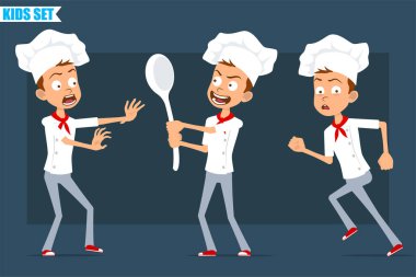 Çizgi film düz komik aşçı çocuk karakteri beyaz üniformalı ve fırıncı şapkalı. Çocuk korkmuş, büyük bir kaşık tutuyor ve kaçıyor. Animasyon için hazır. Mavi arka planda izole edilmiş. Vektör seti.