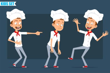 Çizgi film düz komik aşçı çocuk karakteri beyaz üniformalı ve fırıncı şapkalı. Çocuk üzgün, yorgun, gülüyor, zıplıyor ve dans ediyor. Animasyon için hazır. Mavi arka planda izole edilmiş. Vektör seti.