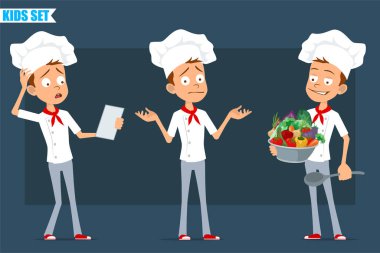Çizgi film düz komik aşçı çocuk karakteri beyaz üniformalı ve fırıncı şapkalı. Çocuk not okuyor ve elinde sebzelerle kaşık tutuyor. Animasyon için hazır. Mavi arka planda izole edilmiş. Vektör seti.