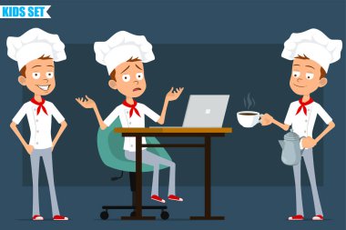 Çizgi film yassı küçük aşçı çocuk karakteri beyaz üniformalı ve fırıncı şapkalı. Çocuk çanakta çaydanlık ve fincanla poz veriyor ve taşıyor. Animasyon için hazır. Mavi arka planda izole edilmiş. Vektör seti.