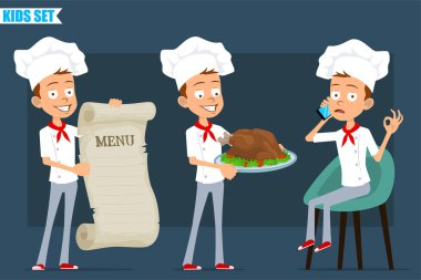 Çizgi film düz komik aşçı çocuk karakteri beyaz üniformalı ve fırıncı şapkalı. Çocuk telefonda konuşuyor, elinde menü ve kızarmış hindi var. Animasyon için hazır. Mavi arka planda izole edilmiş. Vektör seti.