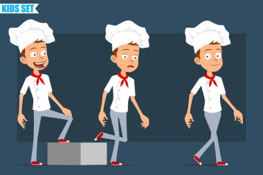 Çizgi film düz komik aşçı çocuk karakteri beyaz üniformalı ve fırıncı şapkalı. Başarılı, yorgun çocuk hedefine doğru yürüyor. Animasyon için hazır. Mavi arka planda izole edilmiş. Vektör seti.