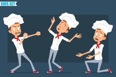 Çizgi film düz komik aşçı çocuk karakteri beyaz üniformalı ve fırıncı şapkalı. Çocuk koşuyor, kavga ediyor ve düşüyor. Animasyon için hazır. Mavi arka planda izole edilmiş. Vektör seti.