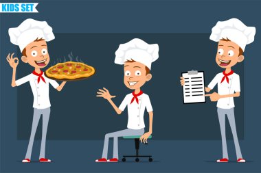 Çizgi film yassı küçük aşçı çocuk karakteri beyaz üniformalı ve fırıncı şapkalı. Çocuk dinleniyor, salamlı ve mantarlı İtalyan pizzası taşıyor. Animasyon için hazır. Mavi arka planda izole edilmiş. Vektör seti.