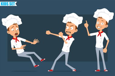 Çizgi film düz komik aşçı çocuk karakteri beyaz üniformalı ve fırıncı şapkalı. Çocuk dikkat işareti gösteriyor, kavga ediyor ve düşüyor. Animasyon için hazır. Mavi arka planda izole edilmiş. Vektör seti.