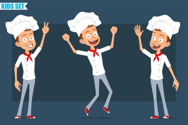 Çizgi film düz komik aşçı çocuk karakteri beyaz üniformalı ve fırıncı şapkalı. Çocuk huzur, merhaba jest ve dans gösteriyor. Animasyon için hazır. Mavi arka planda izole edilmiş. Vektör seti.