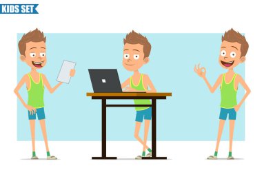 Çizgi film düz komik, yeşil tişörtlü ve şortlu sporcu çocuk. Çocuk iyi işareti gösteriyor, dizüstü bilgisayarda çalışıyor ve kağıt notlar okuyor. Animasyon için hazır. Mavi arka planda izole edilmiş. Vektör seti.