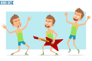 Çizgi film düz komik, yeşil tişörtlü ve şortlu sporcu çocuk. Gitar çalan ve rock 'n roll işareti yapan bir çocuk. Animasyon için hazır. Mavi arka planda izole edilmiş. Vektör seti.
