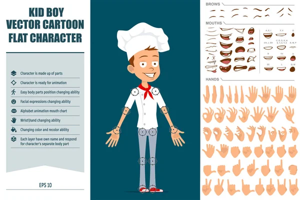 Cartoon Flache Lustige Koch Koch Junge Charakter Weißer Uniform Und — Stockvektor