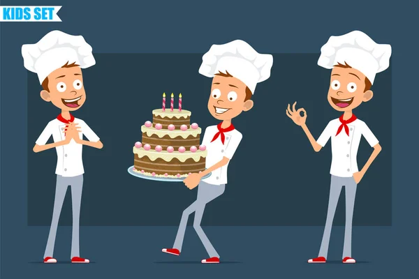 卡通平面有趣的小厨师做饭男孩字符白色制服和烘焙帽 小孩带着生日蛋糕 并展示出不错的标志 准备好动画了被蓝色背景隔离了矢量集 — 图库矢量图片