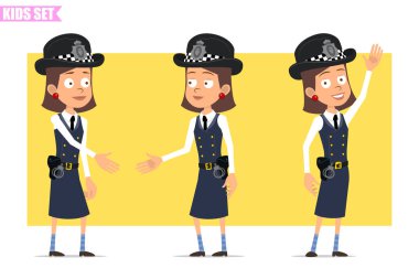 Çizgi film düz komik İngiliz polis kız karakteri kasklı ve üniformalı. Animasyon için hazır. Çocuk el sıkışıyor ve merhaba diyor. Sarı arka planda izole edilmiş. Vektör seti.