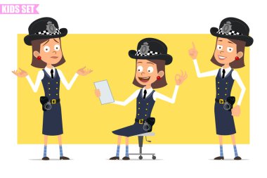 Çizgi film düz komik İngiliz polis kız karakteri kasklı ve üniformalı. Animasyon için hazır. Çocuk notu okuyor, dikkat gösteriyor ve tamam işareti yapıyor. Sarı arka planda izole edilmiş. Vektör seti.