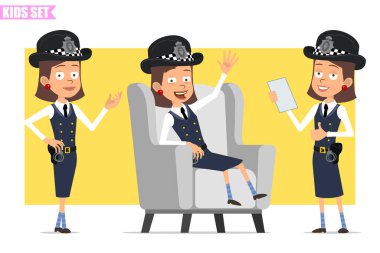 Çizgi film düz komik İngiliz polis kız karakteri kasklı ve üniformalı. Animasyon için hazır. Çocuk poz veriyor, dinleniyor, iyi görünüyor ve işaret veriyor. Sarı arka planda izole edilmiş. Vektör seti.