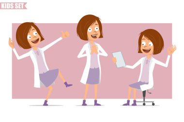 Çizgi film düz komik küçük bilim adamı beyaz üniformalı doktor kız karakteri. Çocuk notunu okuyor, baş parmağını kaldırıyor ve tamam işareti yapıyor. Animasyon için hazır. Pembe arka planda izole edilmiş. Vektör seti.