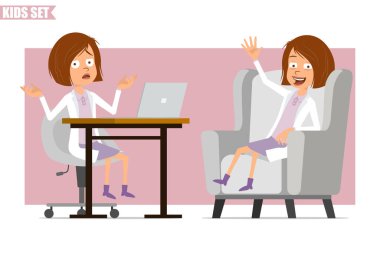 Çizgi film düz komik küçük bilim adamı beyaz üniformalı doktor kız karakteri. Çocuk yanlış anlaması, dizüstü bilgisayarda çalışmak ve sandalyede dinlenmek. Animasyon için hazır. Pembe arka planda izole edilmiş. Vektör seti.