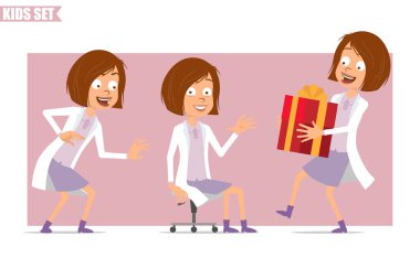 Çizgi film düz komik küçük bilim adamı beyaz üniformalı doktor kız karakteri. Çocuk sinsi, sandalyede dinleniyor ve hediye taşıyor. Animasyon için hazır. Pembe arka planda izole edilmiş. Vektör seti.