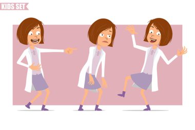 Çizgi film düz komik küçük bilim adamı beyaz üniformalı doktor kız karakteri. Çocuk üzgün, yorgun, gülüyor, zıplıyor ve dans ediyor. Animasyon için hazır. Pembe arka planda izole edilmiş. Vektör seti.