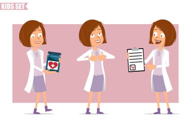 Çizgi film düz komik bilim adamı beyaz üniformalı doktor kız karakteri. Elinde tıbbi konteynır tutan çocuk, listeyi hazırlamak ve onaylamak için. Animasyon için hazır. Pembe arka planda izole edilmiş. Vektör seti.