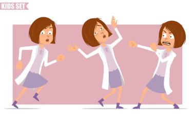 Çizgi film düz komik küçük bilim adamı beyaz üniformalı doktor kız karakteri. Çocuk dövüşü, koşma ve bilincini kaybetme. Animasyon için hazır. Pembe arka planda izole edilmiş. Vektör seti.