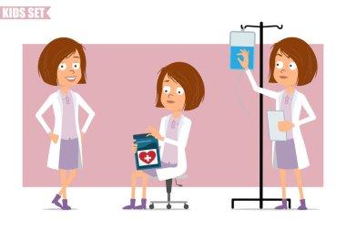 Çizgi film düz komik küçük bilim adamı beyaz üniformalı doktor kız karakteri. Çocuk kasayı ilaçla kontrol ediyor ve konteynırı uyuşturucuyla açıyor. Animasyon için hazır. Pembe arka planda izole edilmiş. Vektör seti.