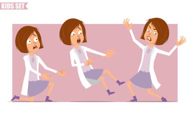 Çizgi film düz komik küçük bilim adamı beyaz üniformalı doktor kız karakteri. Çocuk kızgın, dizlerinin üzerinde duruyor ve düşüyor. Animasyon için hazır. Pembe arka planda izole edilmiş. Vektör seti.