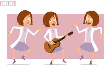 Çizgi film düz komik küçük bilim adamı beyaz üniformalı doktor kız karakteri. Çocuk atlıyor, dans ediyor ve gitar çalıyor. Animasyon için hazır. Pembe arka planda izole edilmiş. Vektör seti.