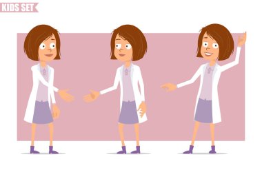 Çizgi film düz komik küçük bilim adamı beyaz üniformalı doktor kız karakteri. Çocuk el sıkışıyor ve merhaba ya da güle güle işareti yapıyor. Animasyon için hazır. Pembe arka planda izole edilmiş. Vektör seti.