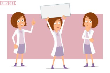 Çizgi film düz komik küçük bilim adamı beyaz üniformalı doktor kız karakteri. Çocuk düşünüyor, dikkat işareti gösteriyor ve boş tabelayı tutuyor. Animasyon için hazır. Pembe arka planda izole edilmiş. Vektör seti.