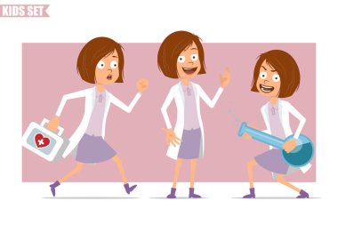 Çizgi film düz komik küçük bilim adamı beyaz üniformalı doktor kız karakteri. İlk yardım çantasıyla koşan ve elinde kimyasal şişeyle dolaşan bir çocuk. Animasyon için hazır. Pembe arka planda izole edilmiş. Vektör seti.