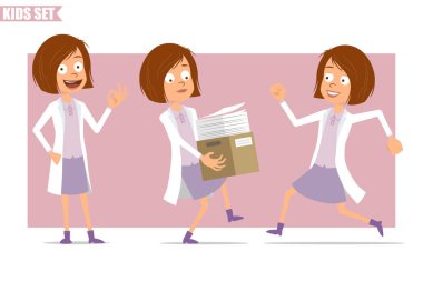 Çizgi film düz komik küçük bilim adamı beyaz üniformalı doktor kız karakteri. İçinde kağıt belgeler olan bir kutu taşıyan ve onay işareti olan bir çocuk. Animasyon için hazır. Pembe arka planda izole edilmiş. Vektör seti.