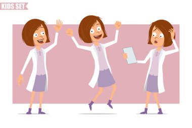 Çizgi film düz komik küçük bilim adamı beyaz üniformalı doktor kız karakteri. Çocuk atlıyor, not okuyor ve Hello jesti gösteriyor. Animasyon için hazır. Pembe arka planda izole edilmiş. Vektör seti.