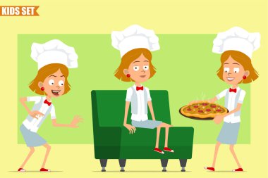 Çizgi film düz, komik aşçı kız karakteri beyaz üniformalı ve fırıncı şapkalı. Çocuk dinleniyor, yanında salamlı ve mantarlı pizza taşıyor. Animasyon için hazır. Zeytin arka planında izole edilmiş. Vektör seti.