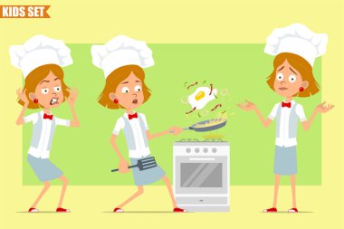 Çizgi film düz komik aşçı kız karakteri beyaz üniformalı ve fırıncı şapkalı. Çocuk korkmuş ve pastırmalı sahanda yumurta pişiriyor. Animasyon için hazır. Zeytin arka planında izole edilmiş. Vektör seti.
