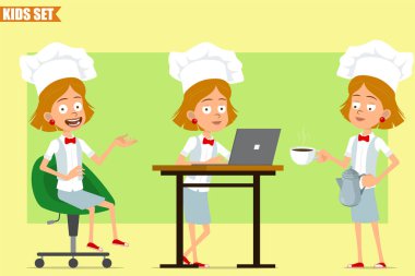 Çizgi film düz komik aşçı kız karakteri beyaz üniformalı ve fırıncı şapkalı. Çocuk çanakta çaydanlık ve fincanla poz veriyor ve taşıyor. Animasyon için hazır. Zeytin arka planında izole edilmiş. Vektör seti.