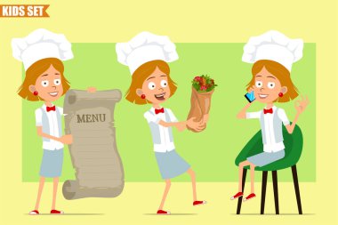 Çizgi film düz komik aşçı kız karakteri beyaz üniformalı ve fırıncı şapkalı. Çocuk telefonda konuşuyor, menü ve shawarma tutuyor. Animasyon için hazır. Zeytin arka planında izole edilmiş. Vektör seti.