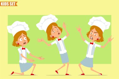 Çizgi film düz komik aşçı kız karakteri beyaz üniformalı ve fırıncı şapkalı. Çocuk düşüyor, rock 'n roll işareti gösteriyor. Animasyon için hazır. Zeytin arka planında izole edilmiş. Vektör seti.