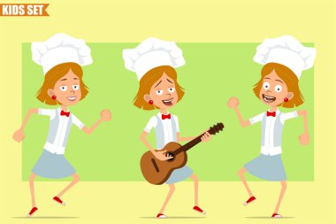 Çizgi film düz komik aşçı kız karakteri beyaz üniformalı ve fırıncı şapkalı. Çocuk atlıyor, dans ediyor ve gitarda rock çalıyor. Animasyon için hazır. Zeytin arka planında izole edilmiş. Vektör seti.