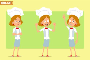 Çizgi film düz komik aşçı kız karakteri beyaz üniformalı ve fırıncı şapkalı. Güçlü kaslar ve barış işareti gösteren bir çocuk. Animasyon için hazır. Zeytin arka planında izole edilmiş. Vektör seti.