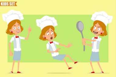 Çizgi film düz komik aşçı kız karakteri beyaz üniformalı ve fırıncı şapkalı. Çocuk büyük bir kaşık tutuyor ve düşüyor. Animasyon için hazır. Zeytin arka planında izole edilmiş. Vektör seti.