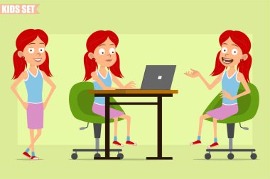 Çizgi film düz komik, kızıl saçlı, mor etekli kız karakteri. Çocuk dizüstü bilgisayarda çalışıyor ve fotoğraf için poz veriyor. Animasyon için hazır. Yeşil arka planda izole edilmiş. Vektör seti.