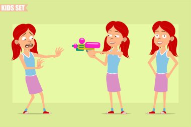 Çizgi film düz komik, kızıl saçlı, mor etekli kız karakteri. Çocuk kızgın, korkmuş ve su tabancasından ateş ediyor. Animasyon için hazır. Yeşil arka planda izole edilmiş. Vektör seti.