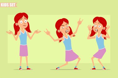 Çizgi film düz komik, kızıl saçlı, mor etekli kız karakteri. Çocuk kızgın, yanlış anlaşılmış ve rock 'n roll hareketi gösteriyor. Animasyon için hazır. Yeşil arka planda izole edilmiş. Vektör seti.