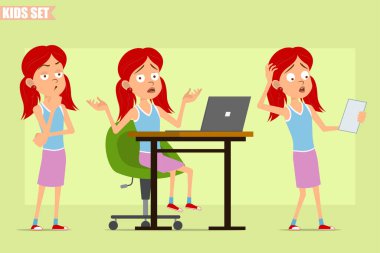 Çizgi film düz komik, kızıl saçlı, mor etekli kız karakteri. Çocuk gibi düşünmek, dizüstü bilgisayarla çalışmak ve kâğıt okumak. Animasyon için hazır. Yeşil arka planda izole edilmiş. Vektör seti.