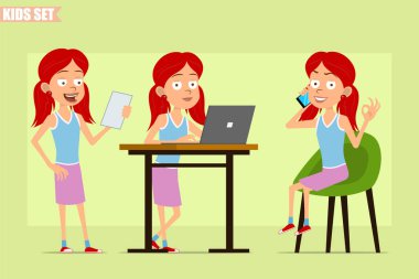 Çizgi film düz komik, kızıl saçlı, mor etekli kız karakteri. Çocuk notları okuyor, telefonda konuşuyor ve iyi işaretler gösteriyor. Animasyon için hazır. Yeşil arka planda izole edilmiş. Vektör seti.