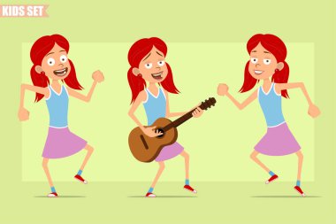 Çizgi film düz komik, kızıl saçlı, mor etekli kız karakteri. Çocuk atlıyor, dans ediyor ve gitar çalıyor. Animasyon için hazır. Yeşil arka planda izole edilmiş. Vektör seti.