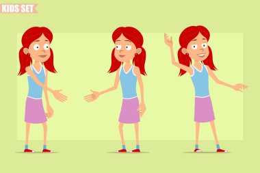 Çizgi film düz komik, kızıl saçlı, mor etekli kız karakteri. Çocuk el sıkışıyor ve merhaba ya da güle güle işareti yapıyor. Animasyon için hazır. Yeşil arka planda izole edilmiş. Vektör seti.
