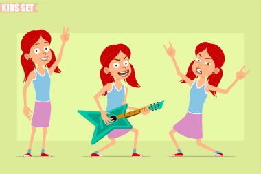 Çizgi film düz komik, kızıl saçlı, mor etekli kız karakteri. Gitar çalan ve rock 'n roll gösteren bir çocuk, barış işareti. Animasyon için hazır. Yeşil arka planda izole edilmiş. Vektör seti.